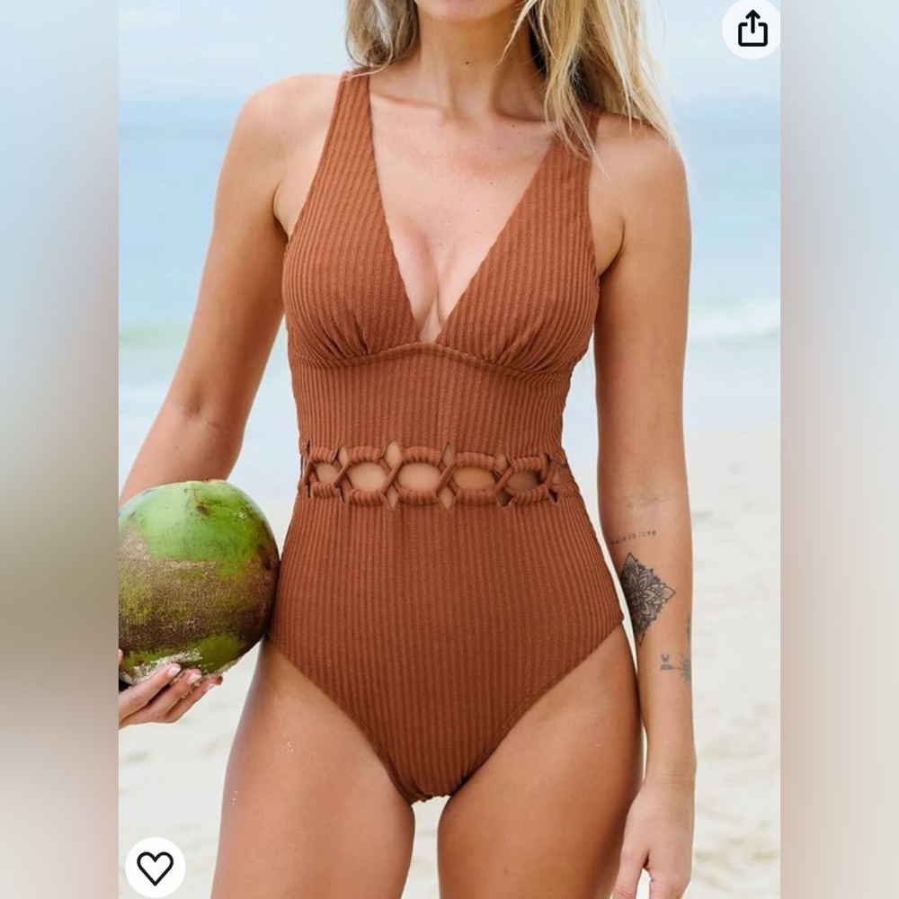Cupshe One Piece Full Coverage‎ Dark Orange Ribbed Textured Swimsuit NWT Medium